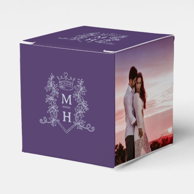 Monogram crown purple silver grey photo wedding favor box (Front Side)