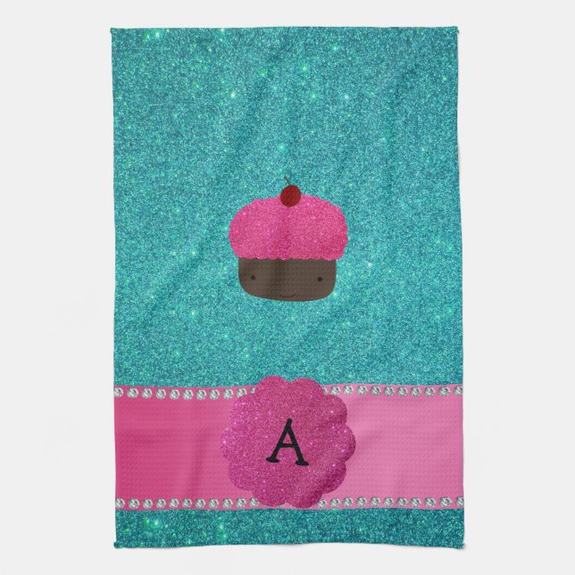 Monogram cupcake turquoise glitter kitchen towel (Vertical)