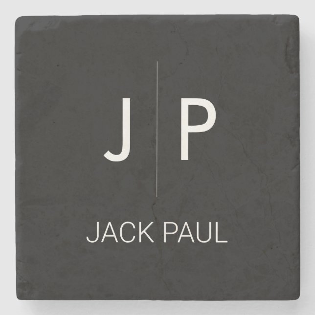 Monogram custom black white stylish modern classic stone coaster (Front)