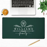 Monogram Custom Family Name Green White Script Desk Mat<br><div class="desc">Monogram Custom Family Name Green White Script Desk Mats features a monogram and personalized family name in elegant white script typography on a dark green background. Perfect gift for family and friends for birthday, Christmas, Father's Day, Mother's Day, Grandparents, wife, husband, mom, dad and more. Designed by ©Evco Studio www.zazzle.com/store/evcostudio...</div>