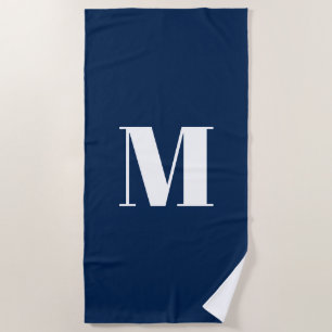 Monogram custom initial navy blue white modern beach towel