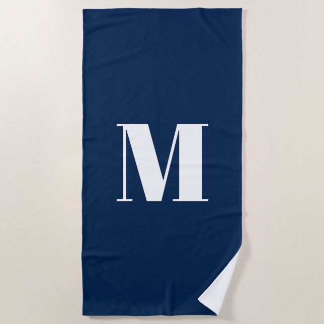 Monogram custom initial navy blue white modern beach towel (Front)