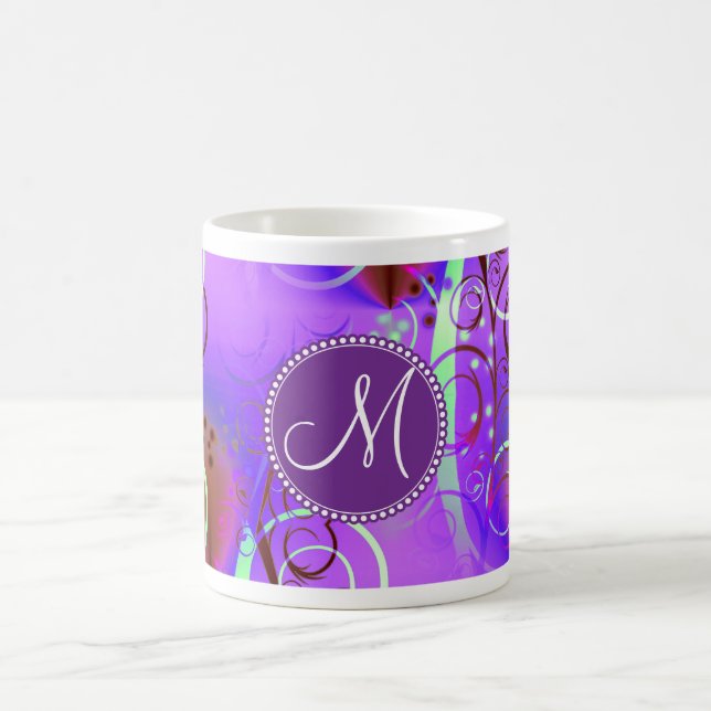 Monogram Custom Initial Purple Floral Swirls Girly Coffee Mug (Center)