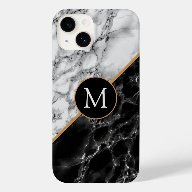 Monogram Custom Letter Black White Marble Case-Mate iPhone Case (Back)