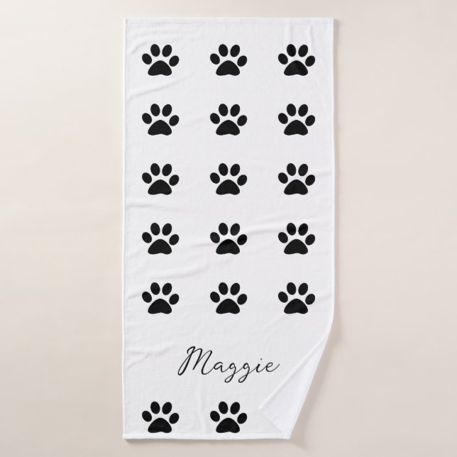 Monogram Custom Name Black White Paw Print Pattern Bath Towel (Bath Towel)