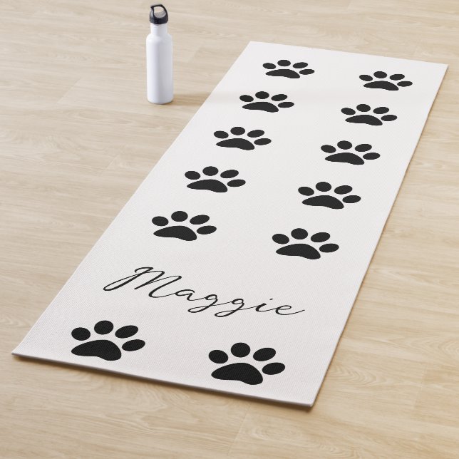 Monogram Custom Name Black White Paw Print Pattern Yoga Mat (In Situ)