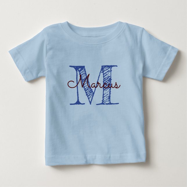 Monogram Custom Name Blue Baby Boy T-Shirt (Front)