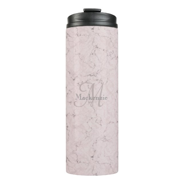 Monogram Custom Name Blush Pink Grey Marble Design Thermal Tumbler (Front)
