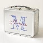 Monogram Custom Name Boy Metal Lunch Box<br><div class="desc">Monogrammed custom name metal lunch box for a boy. Hand sketched type style initial and script name in blue and burgundy to customize for your son.</div>