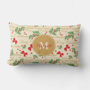 Monogram Custom Name Festive Merry Christmas Lumbar Pillow