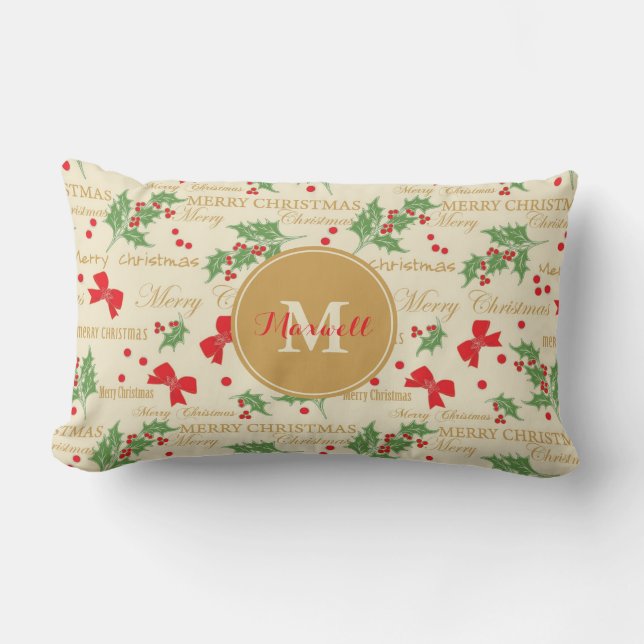 Monogram Custom Name Festive Merry Christmas Lumbar Pillow (Front)