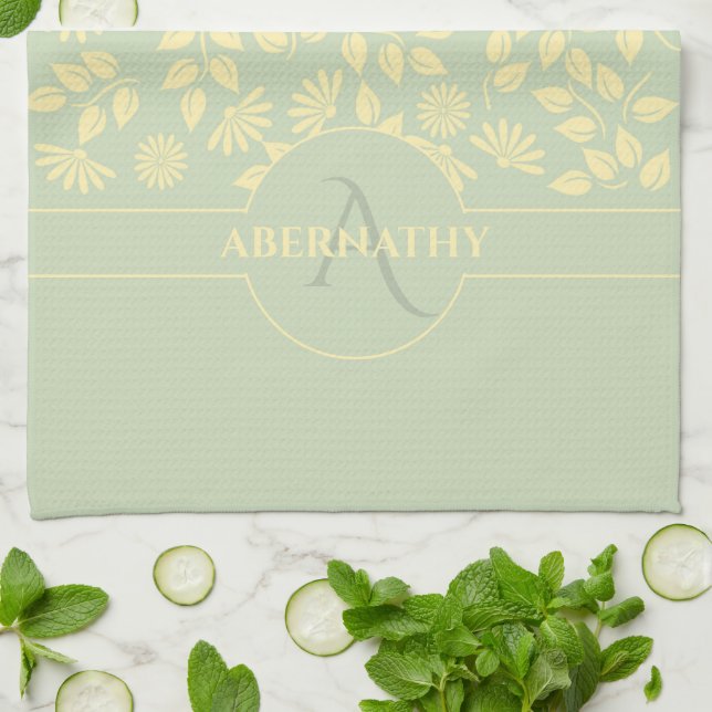 Monogram Custom Name Leaves Daisies Pastel Green Kitchen Towel (Folded)
