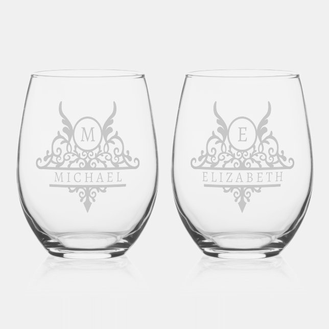 Monogram Custom Name Ornate Personalized Stemless Wine Glass (Front)