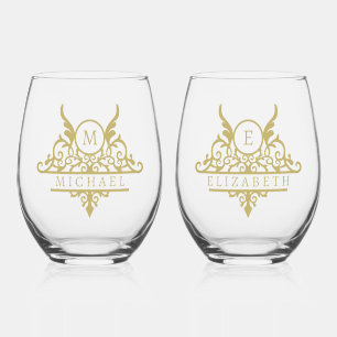 Monogram Custom Name Ornate Personalized Stemless Wine Glass