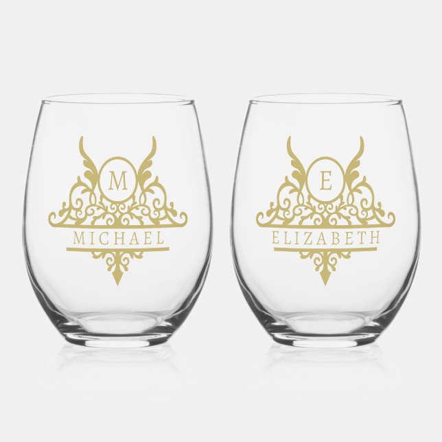 Monogram Custom Name Ornate Personalized Stemless Wine Glass (Front)