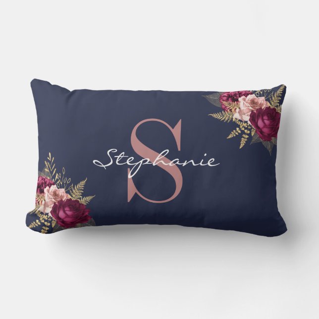 Monogram Custom Name Pink Gold Burgundy Floral Lumbar Pillow (Front)