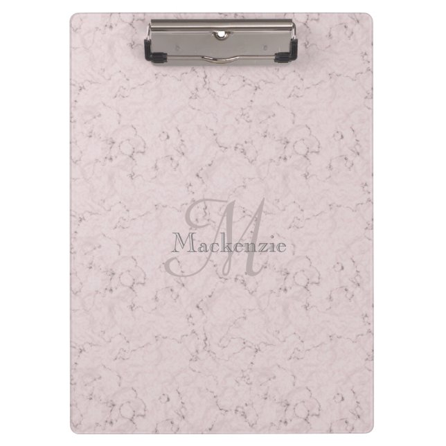 Monogram Custom Name Pink Grey Marble Design Clipboard (Front)