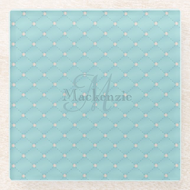 Monogram Custom Name Quilt Design Turquoise Teal Glass Coaster (Front)