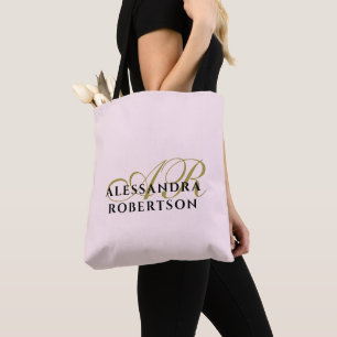 Monogram Custom Pastel Pink Gold Black Minimalist Tote Bag