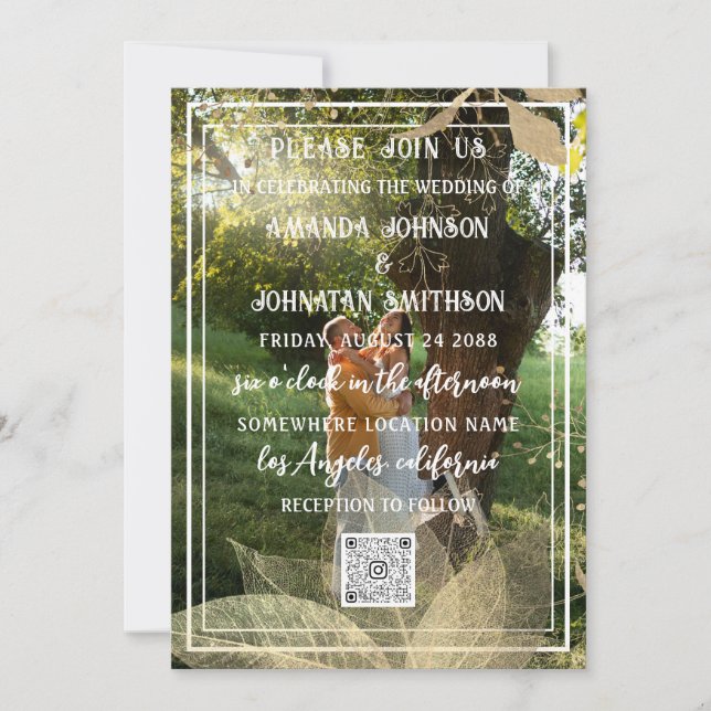 Monogram Custom Photo QR Code Woodland Gold Green Invitation (Front)