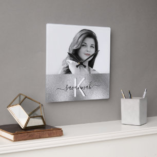 Monogram custom photo silver name script modern square wall clock