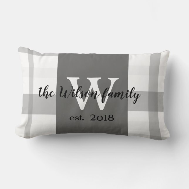 monogram custom pillow grey and white plaid (Front)