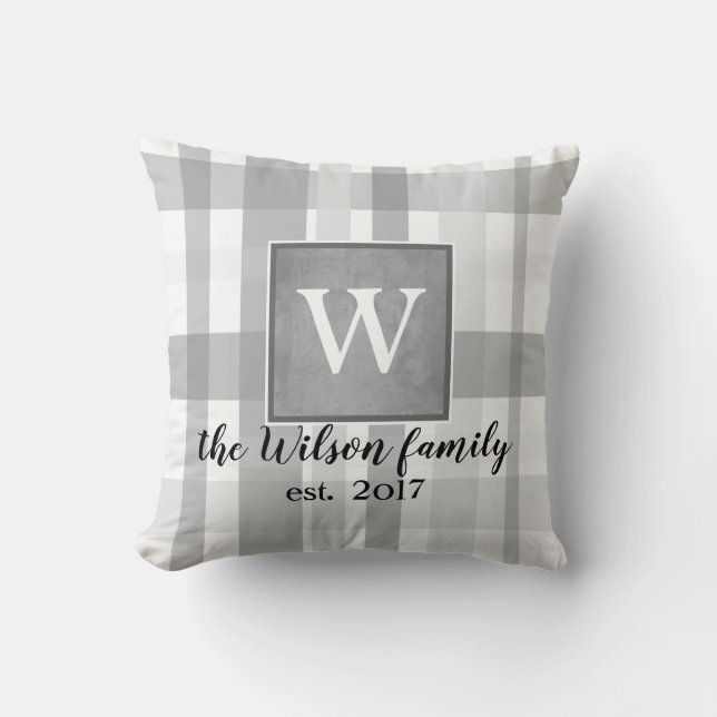monogram custom pillow grey and white plaid (Front)