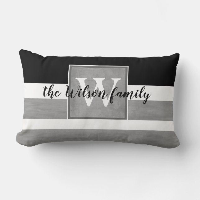 monogram custom pillow grey and white stripes (Front)