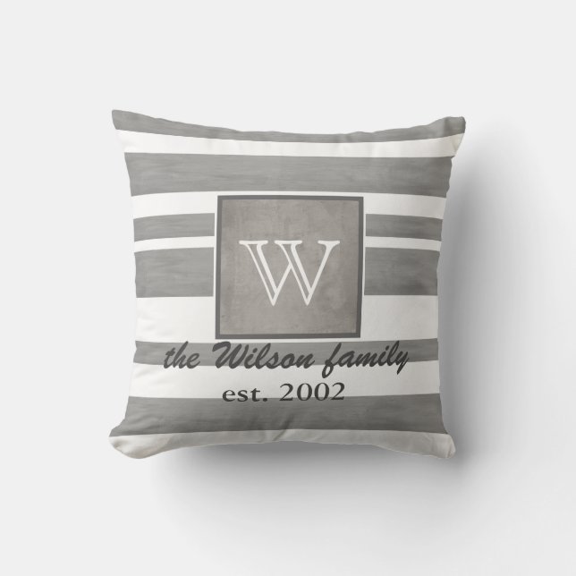 monogram custom pillow grey and white stripes (Front)
