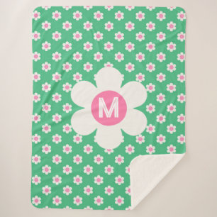 Monogram Custom Retro Daisies Pink and Green Sherpa Blanket