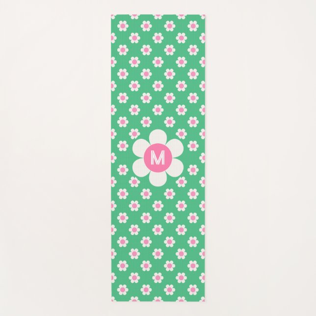 Monogram Custom Retro Daisies Pink and Green Yoga Mat (Front)