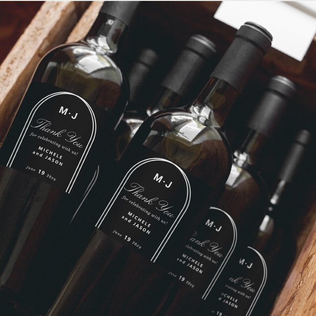 Monogram Custom Thank You Arch Black Wedding Wine Label (Creator Uploaded)