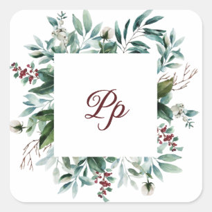 Monogram customizable frame green berries branch  square sticker