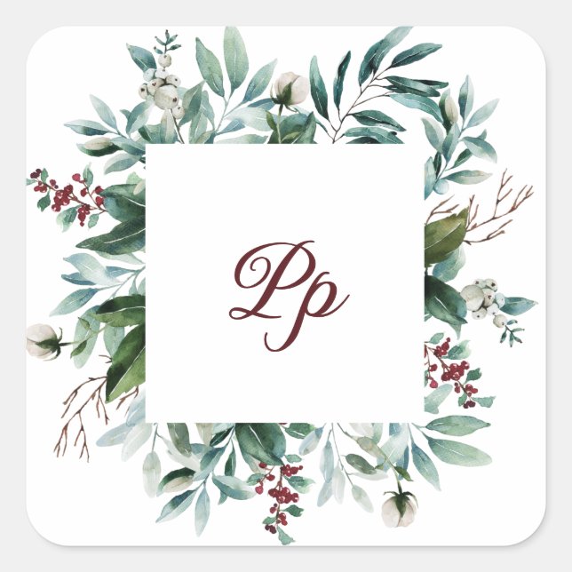 Monogram customizable frame green berries branch  square sticker (Front)