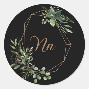 Monogram customizable gold frame green branch classic round sticker