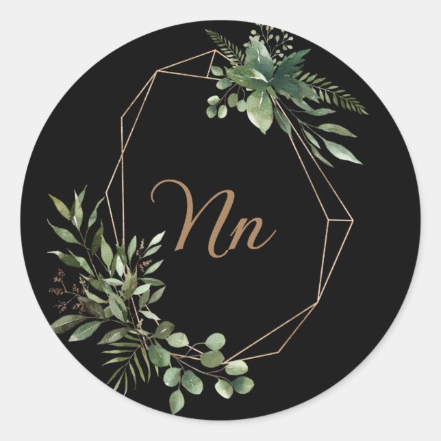 Monogram customizable gold frame green branch  classic round sticker (Front)