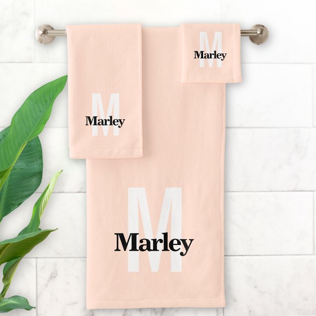 Monogram Cute Blush Pink Bold Modern Stylish Chic Bath Towel Set (Creator Uploaded)
