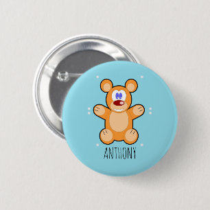 Monogram cute brown teddy bear on blue 2 inch round button