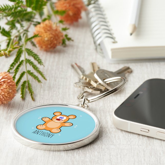 Monogram cute brown teddy bear on blue keychain (Side)