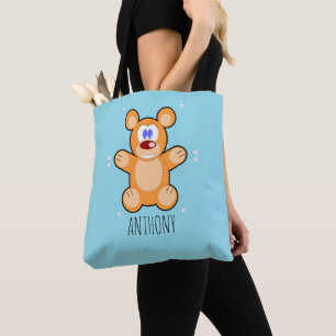 Monogram cute brown teddy bear on blue tote bag