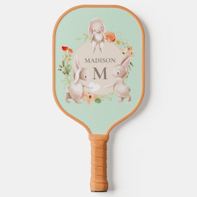 Monogram Cute Bunny Rabbits Floral Personalized Pickleball Paddle (Front)
