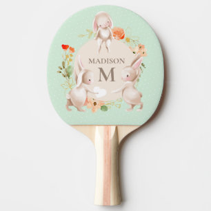 Monogram Cute Bunny Rabbits Floral Personalized Ping Pong Paddle