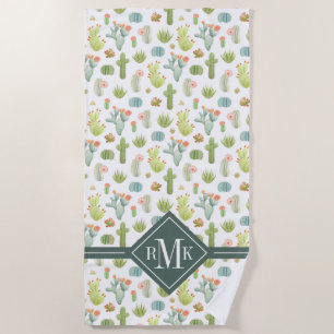Monogram   Cute Cactus Standing Pattern Beach Towel