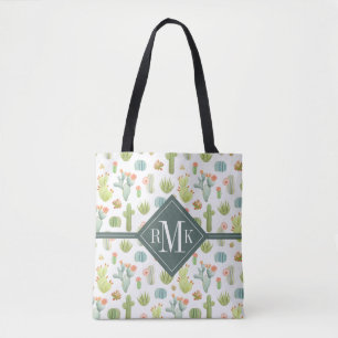 Monogram Cute Cactus Standing Pattern Tote Bag