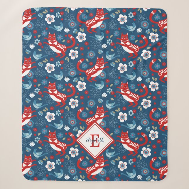 Monogram Cute Cat Lovers Sherpa Blanket (Front)