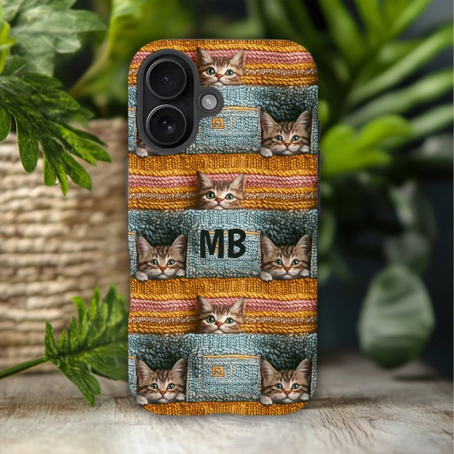 Monogram Cute Cats Knitted Girly Personalized Case-Mate iPhone Case (Creator Uploaded)