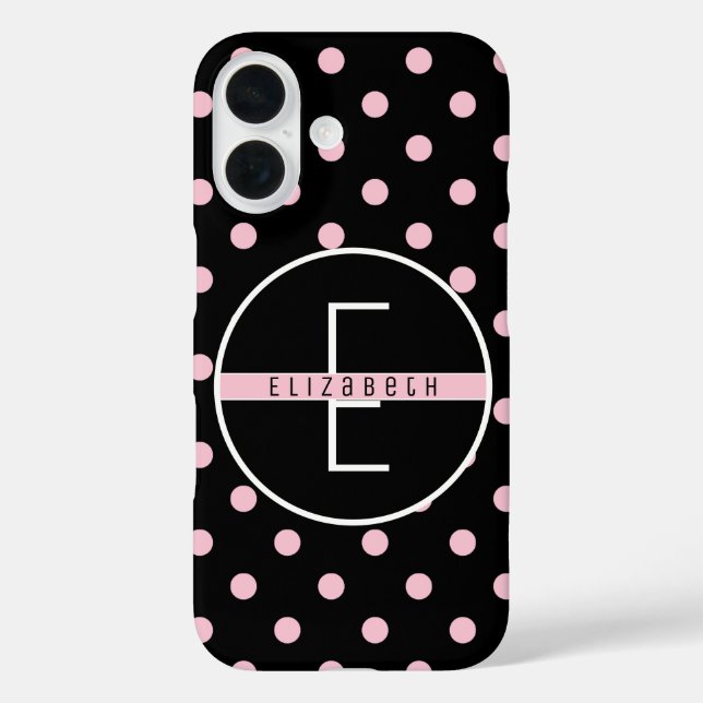Monogram | Cute & Chic Pink Polka Dot on Black Case-Mate iPhone Case (Back)
