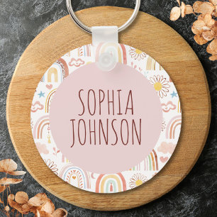 Monogram Cute Colourful Rainbows and Daisy Flowers Keychain