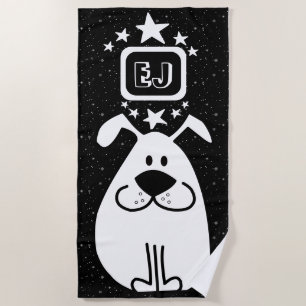 Monogram Cute Doodle Dog with Stars Beach Towel
