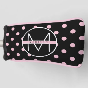 Monogram   Cute Girly Pink Polka Dot on Black Golf Head Cover